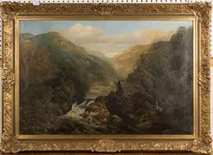 Figure walking away from a Watermill in a Valley by Thomas Creswick, oil on canvas, sold Jun 2016