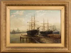 Sailing Vessels in a Dock, probably the Mersey by Max Sinclair, oil on canvas, sold Jun 2016