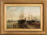 Max Sinclair, Sailing Vessels in a Dock, probably the Mersey, oil on canvas
