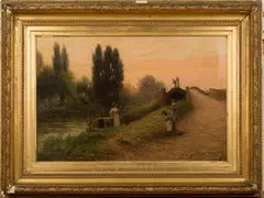 Sidney Pike, Faggot Gatherers on a Tow Path near a Canal Boat, 1908, oil on canvas