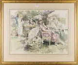 Gordon King, Figures at a Garden Party, watercolour