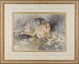 Gordon King, Reclining Female Nude holding a Summer Hat, watercolour