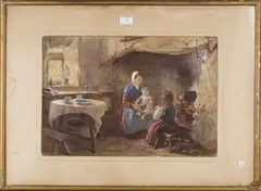 William Collingwood, Cottage Interior with Mother and Children, 1865, watercolour with gouache