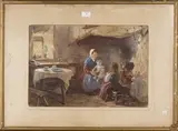 William Collingwood, Cottage Interior with Mother and Children, 1865, watercolour with gouache