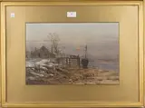 Charles Brooke Branwhite, View of an Estuary in Winter below a Setting Sun, watercolour with gouache