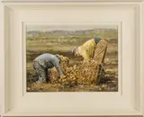 Philip Childs, Figures picking Potatoes, oil on artist's board