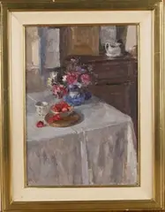 Studio Interior with Strawberries and Roses by Pamela Kay, oil on canvas-board, sold Mar 2016