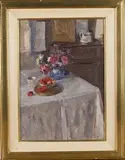 Pamela Kay, Studio Interior with Strawberries and Roses, oil on canvas-board