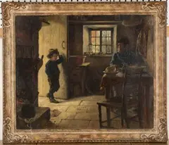 Alexander Stuart Boyd, Cottage Interior with a Father and Child, oil on canvas