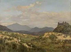 Walter Boodle, Woman playing Golf near a Castle in a Highland Landscape, oil on canvas