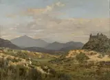 Walter Boodle, Woman playing Golf near a Castle in a Highland Landscape, oil on canvas