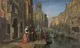 John Edmund Buckley, Venetian View with Merchant, Lady and a Gondolier on the Edge of a Canal, 1864, watercolour