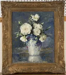 Honoré Camos, Still Life Study of White Roses in a Vase, oil on panel