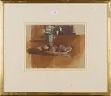 Ken Howard, Still Life Study of a Platter of Fruit and Flowers in a Vase, watercolour with gouache