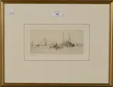 View of Portsmouth Harbour with H.M.S. Bonaventure, Submarine D2 and H.M.S. Victory by William Lionel Wyllie, monochrome etching, sold Mar 2016