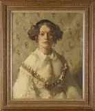 Charles H. H. Burleigh, Priscilla' (Half Length Portrait of a Young Lady wearing a Calot Hat and Cream Blouse adorned with Pompoms), oil on canvas