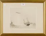 Patrol Boats and Battleship below an Airship by William Lionel Wyllie, monochrome etching, sold Mar 2016