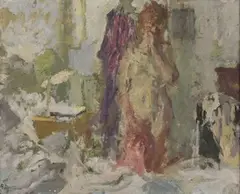 Bernard Dunstan, Going to Bed, oil on board