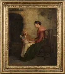 R.T. Minshull, Cottage Interior with a Mother and Child, oil on canvas