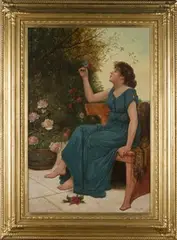 Young Woman smelling a Cut Rose in a Garden by Oliver Rhys, oil on canvas, sold Mar 2016