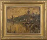 Chas. Crocker, View of a Riverside Town, oil on canvas