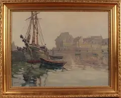 N.W. Enniss, Boats in a Town Harbour, oil on board