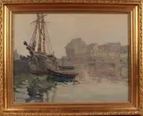 N.W. Enniss, Boats in a Town Harbour, oil on board