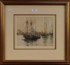 Frederick James Aldridge, Sailing Vessels in Coastal Waters, watercolour