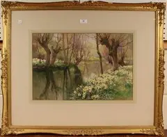 Ernest William Haslehust, View of a Woodland River with Daffodils, watercolour