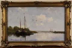 Barges moored in an Inlet by Frits Johan Goosen, oil on canvas, sold Dec 2015