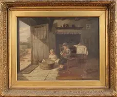 Claude Reeves, Children playing with Toy Boats in a Cottage Interior, 1886, oil on canvas