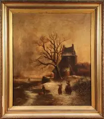 F. Gregory, Figures on the Bank of a Frozen River, oil on canvas