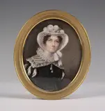 Charlotte Jones, Oval Miniature Half Length Portrait of a Lady wearing a Lace Cap, 1824, watercolour on ivory