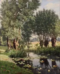 Henri Biva, River Scene in Spring, France, oil on canvas