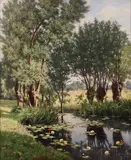 Henri Biva, River Scene in Spring, France, oil on canvas