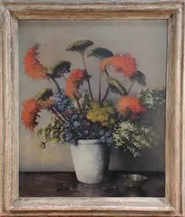 Frank Potter, Mixed Flowers' (Still Life Study of Red Hot Pokers, Achillea, Mimosa and Cornflowers), oil on canvas