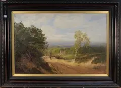 John Clayton Adams, Extensive Landscape with a Shepherd driving Sheep along a Lane, Cattle and Cottage beyond, oil on canvas