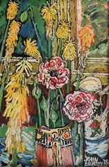 John Bratby, Flowers in a Victorian Jug, oil on canvas