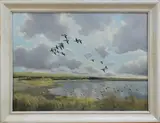 Robert Jobson, Geese in Flight, oil on canvas