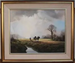 Michael Morris, Landscape View with a Farmer and Shire Horses beside a Stream, oil on canvas