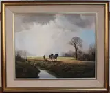 Michael Morris, Landscape View with a Farmer and Shire Horses beside a Stream