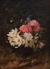 William Jabez Muckley, Water Lilies and Old Fashioned Roses, oil on canvas