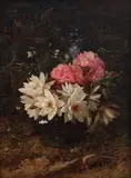 William Jabez Muckley, Water Lilies and Old Fashioned Roses, oil on canvas