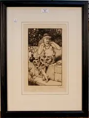 William Stephen Coleman, Young Woman seated on a Step, sepia etching