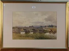 A.W. Weedon, Cows watering by a Bridge in a Downland Landscape, possibly Clements Bridge, Pulborough, watercolour