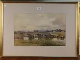 A.W. Weedon, Cows watering by a Bridge in a Downland Landscape, possibly Clements Bridge, Pulborough, watercolour