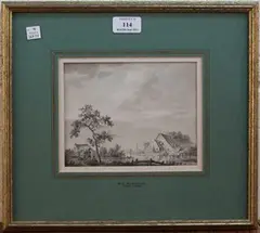 B.C. Koekkoek, Landscape with Figures and River, monochrome watercolour