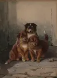 Valentine Thomas Garland, Three Collie Puppies, watercolour with touches of gouache