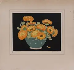 Hall Thorpe, Marigolds', early 20th Century woodblock printed in colours, signed and titled in pencil
