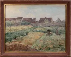 Richard Ranft, Two Women working in a Walled Allotment near Chickens, oil on canvas